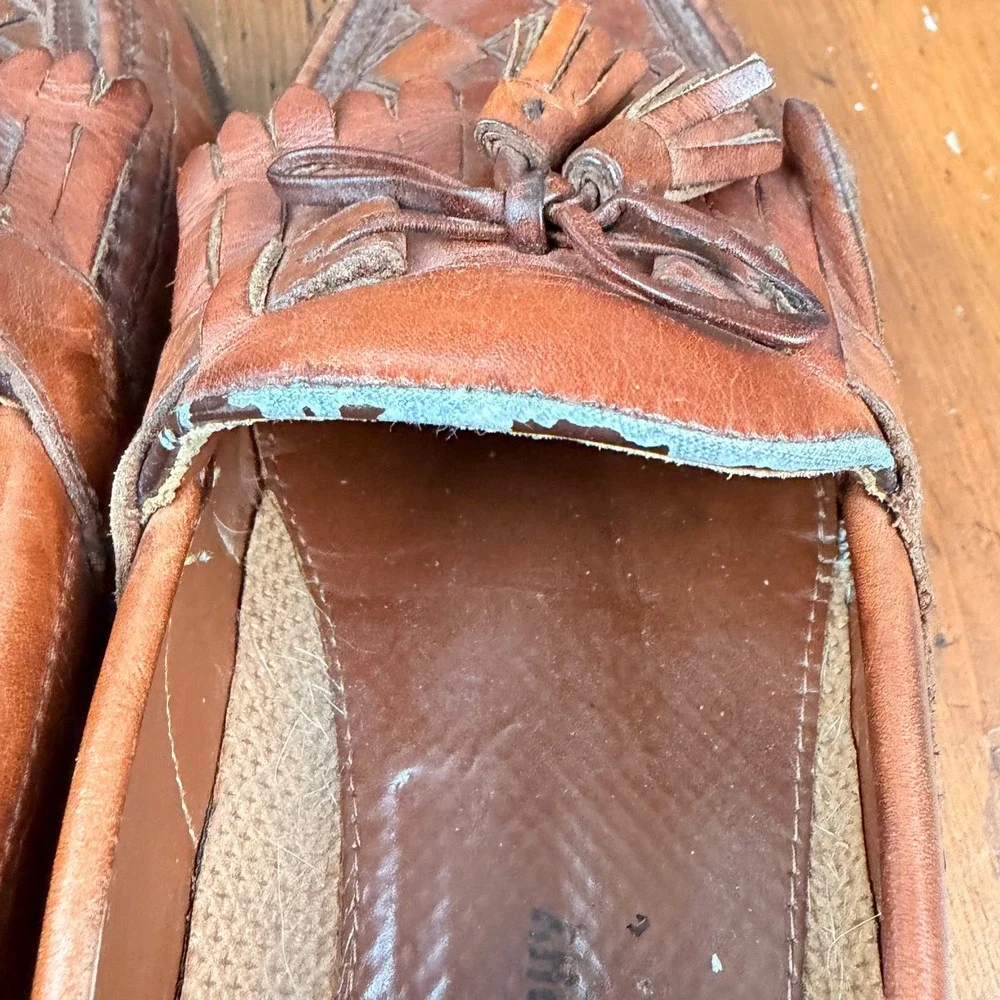 Vintage Brown Leather Woven Kiltie Tassel‎ Loafer Mens 9M Slip On Cognac Brown